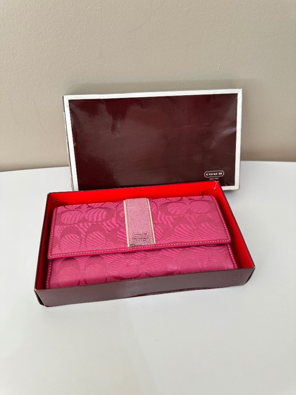 Vintage New Coach Signature Pink Canvas Leather Bifold Wallet with Cheque Cover